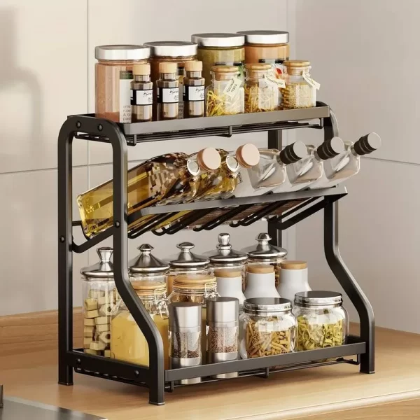 1pc Rust-Proof 3-Tier Spice Rack Organizer for Kitchen, Bathroom, Living Room, and Office - Large Seasoning Storage Shelf with Guardrail and Mesh Design