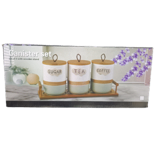 Takmehome Coffee, Sugar, and Tea Canisters Set with Wooden Stand - 3-Piece Countertop Storage Organizer
