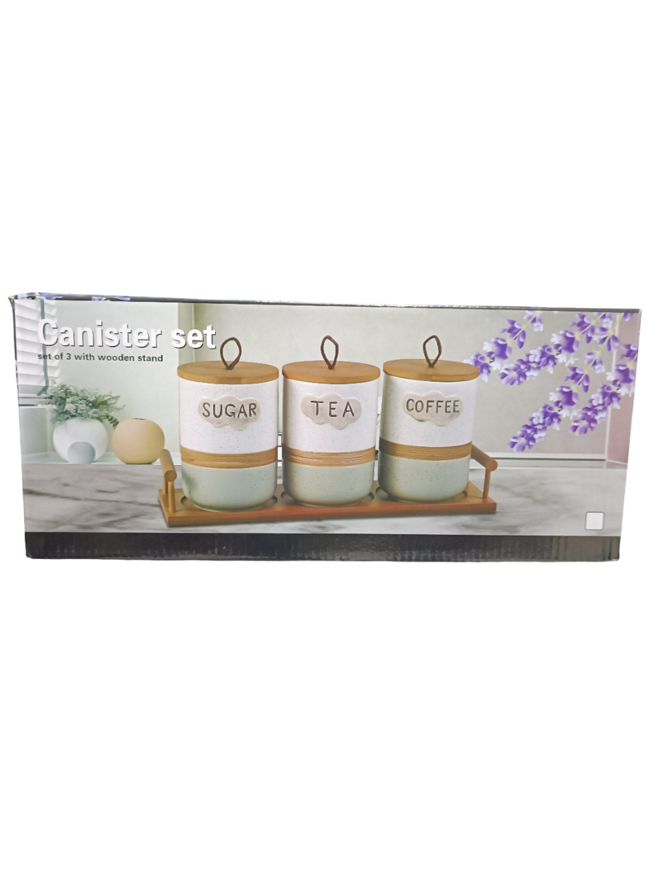 Takmehome Coffee, Sugar, and Tea Canisters Set with Wooden Stand - 3-Piece Countertop Storage Organizer