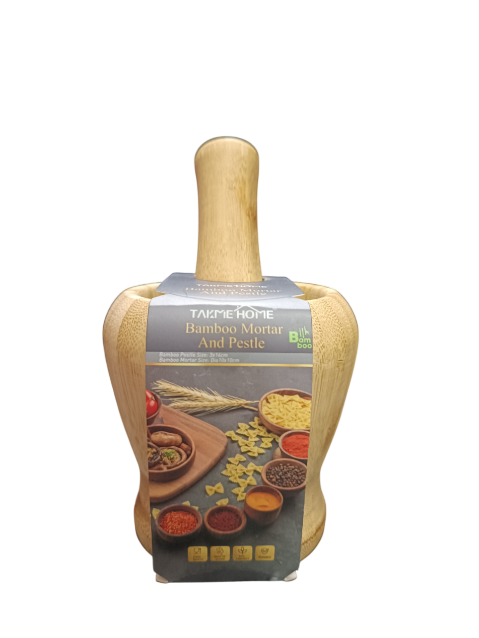 TAKMEHOME Bamboo Mortar and Pestle Set - Natural Kitchen Grinder for Spices, Garlic & Herbs
